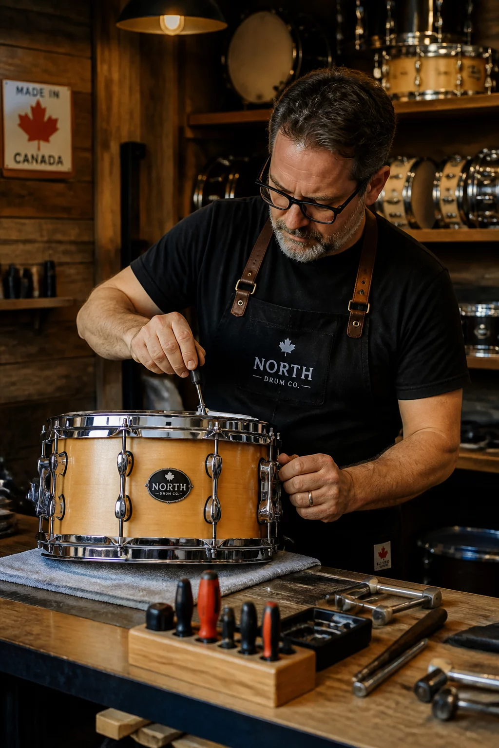 Luthier inspecting acoustic snare drum shell in Canadian workshop