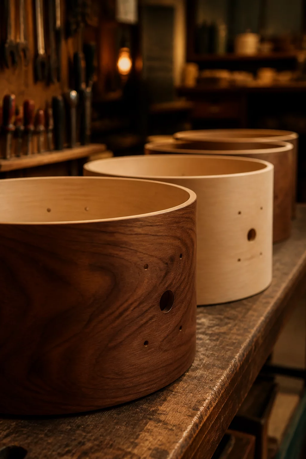 Handcrafted wooden drum shells lined up on studio workshop bench